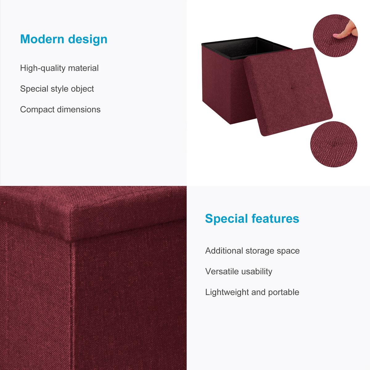 SITZHOCKER Faltbar mit Stauraum 38/38/38 cm (Rot) - Bordeaux, Textil (38/38/38cm) - Intirilife