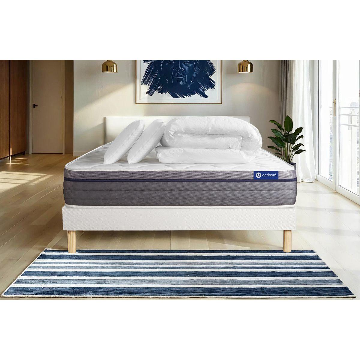 BETT Actiflex zen Taschenfederkern und Memory-Schaum 160 x 200 cm h1 - Kit Bettgestell Weiß - Mit Kissen und Bettdecke - Beige/Weiß, Karton/Holz (160/200cm) - ACTISOM