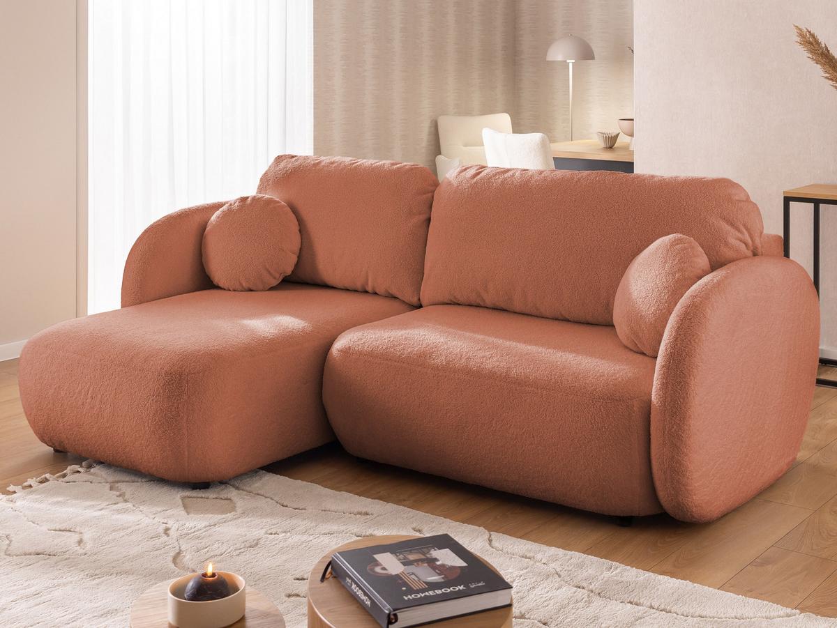 ECKSOFA Candy mit Schlaffunktion Terrakotta Bouclé-Stoff - Ottomane links - Rostfarben/Terracotta, Holz/Kunststoff (230/146cm) - S-Style Möbel