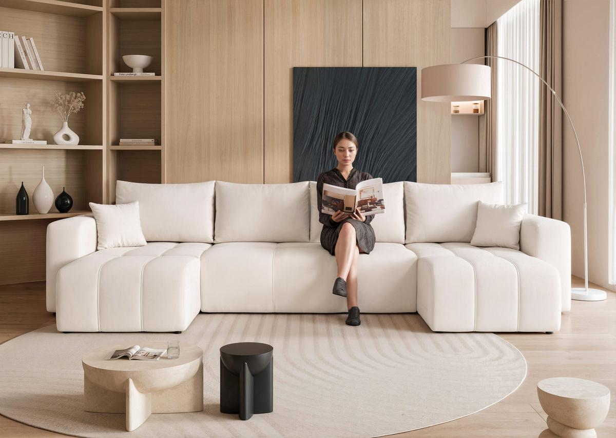 WOHNLANDSCHAFT PEDRO mit Schlaffunktion und Bettkasten Creme - Creme, Holzwerkstoff/Kunststoff (318/79/145cm) - Idohome
