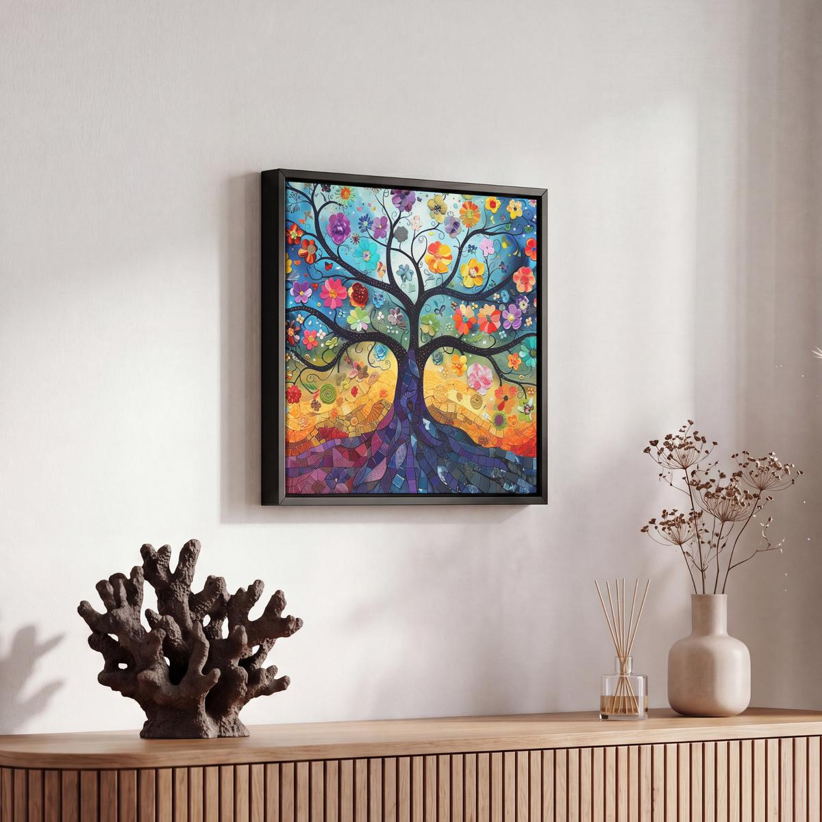 LEINWAND Bilder mit Rahmen - Kunst - Baum des Lebens - Blumen - Hippie - 20x20 - Dunkelblau, Textil (20/20cm) - MuchoWow