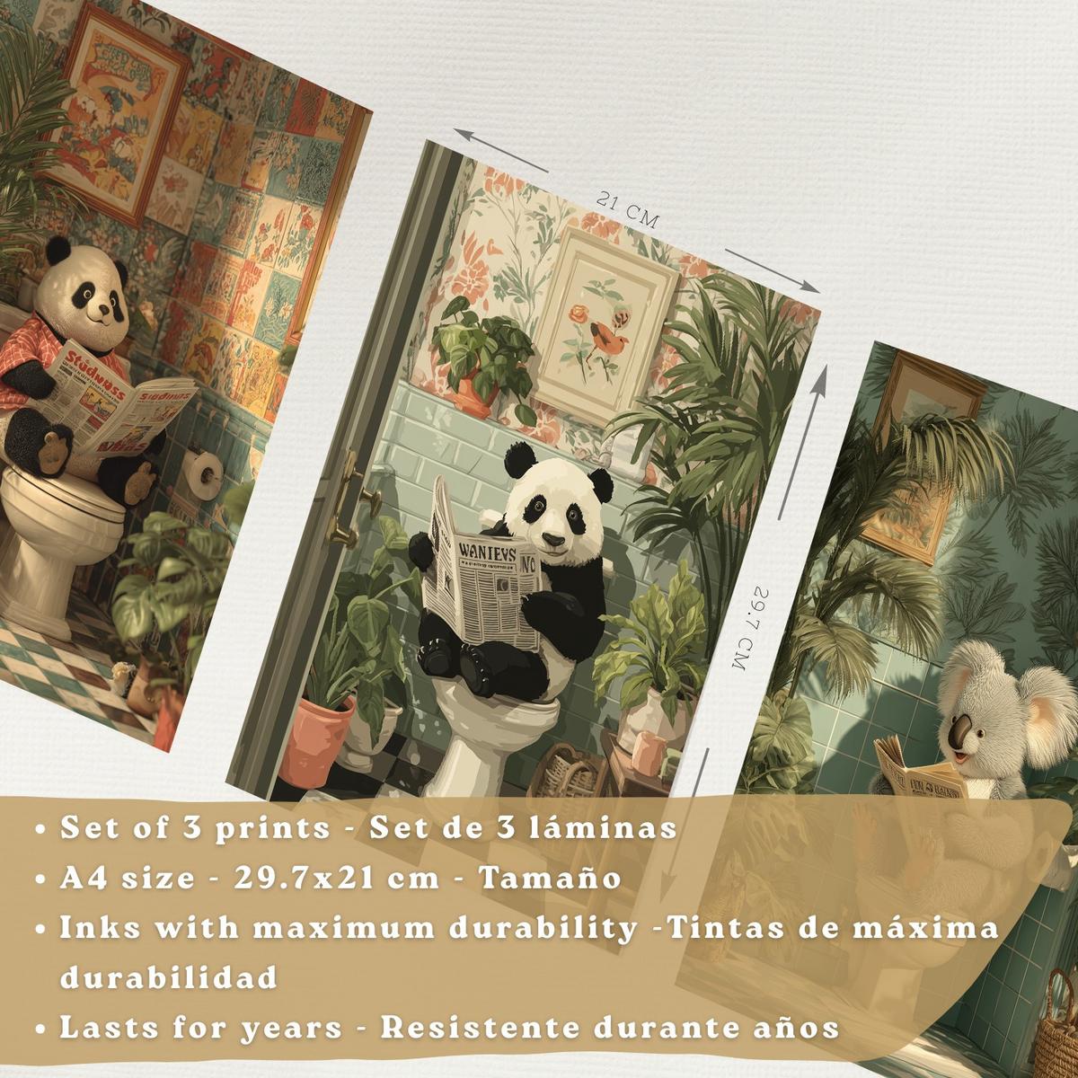 POSTER 3er-Set lustige Badezimmer-Drucke, Panda- und Koala-Tiermotive für Toilette, witziges für Toilette, Vintage-Botanik-Stil Schwarzer Rahmen A4 - Schwarz, Papier (29.7/21/3cm) - Nacnic