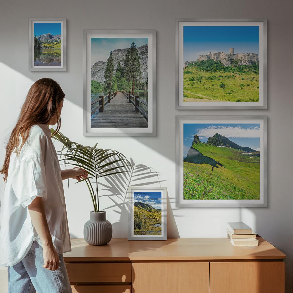BILDER SET 5er Set - 50x50 cm & 20x30 cm & 40x60 cm Silberner Rahmen - Wasserfälle, Berge, Wolken, Herbst - Silberfarben, Kunststoff (40/60cm) - TULUP