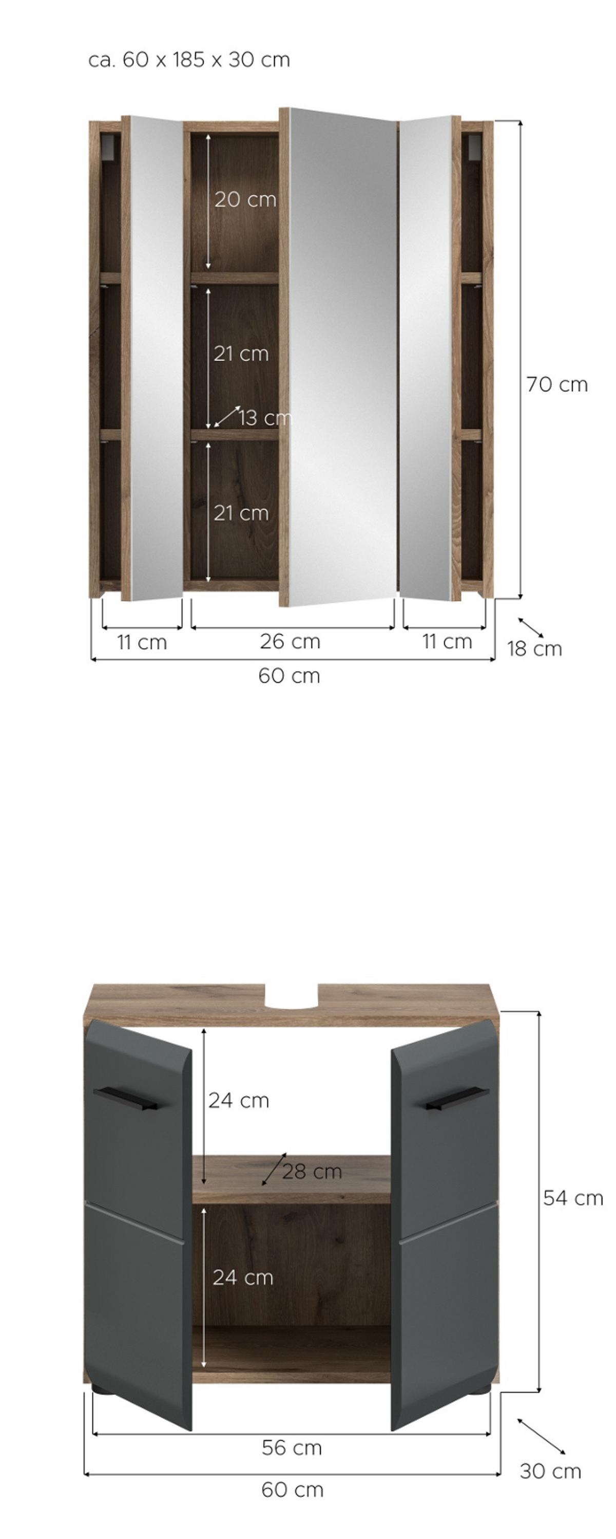 BADMÖBEL-SET 2-teilig schwarz matt, Eiche Nox, Set für Badezimmer und Gäste-WC, Breite 60 cm - Eichefarben/Schwarz, Glas/Holzwerkstoff (60/185/30cm) - Inn.Furn