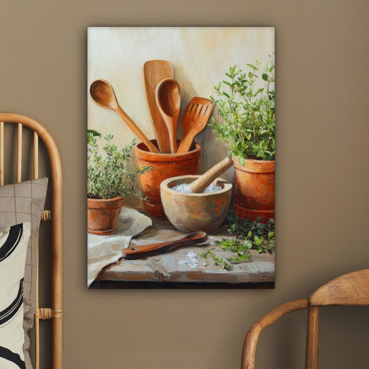 LEINWANDBILD Töpfe - Kräuter - Holz Wandbild Wohnzimmer 60x80 cm - Terracotta, Textil (60/80cm) - MuchoWow