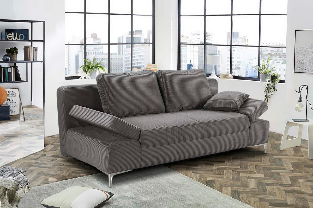 SCHLAFSOFA mit Bettkasten, Federkern, Armlehnen verstellbar B202/T103/H89 cm, Liegefläche 144x198 cm, Cord Dunkelgrau / 15204 - Chromfarben/Dunkelgrau, Textil/Metall (202/89/103cm) - luma-home