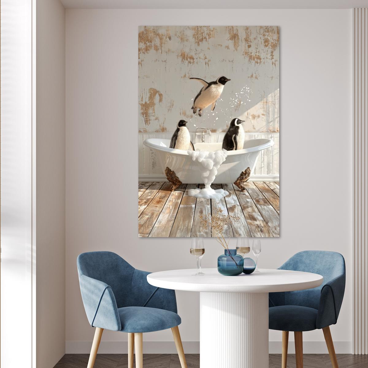 POSTER Vintage - Pinguin - Badewanne - Schaumstoff Wandbild Schlafzimmer 80x120 cm - Schwarz, Papier (80/120/0.1cm) - MuchoWow