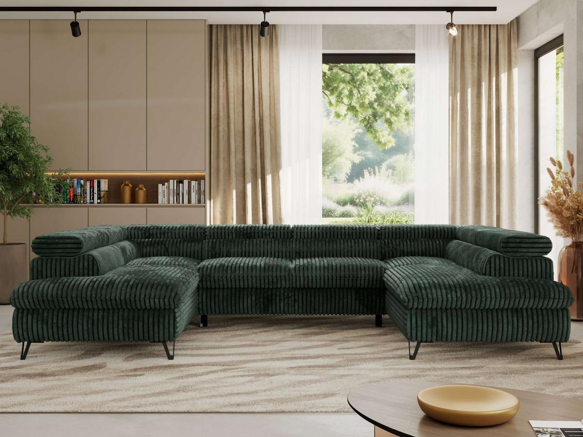 WOHNLANDSCHAFT PABLO U Cord Dunkelgrün - Schwarz/Grün, Textil/Metall (346/76/208cm) - MKS