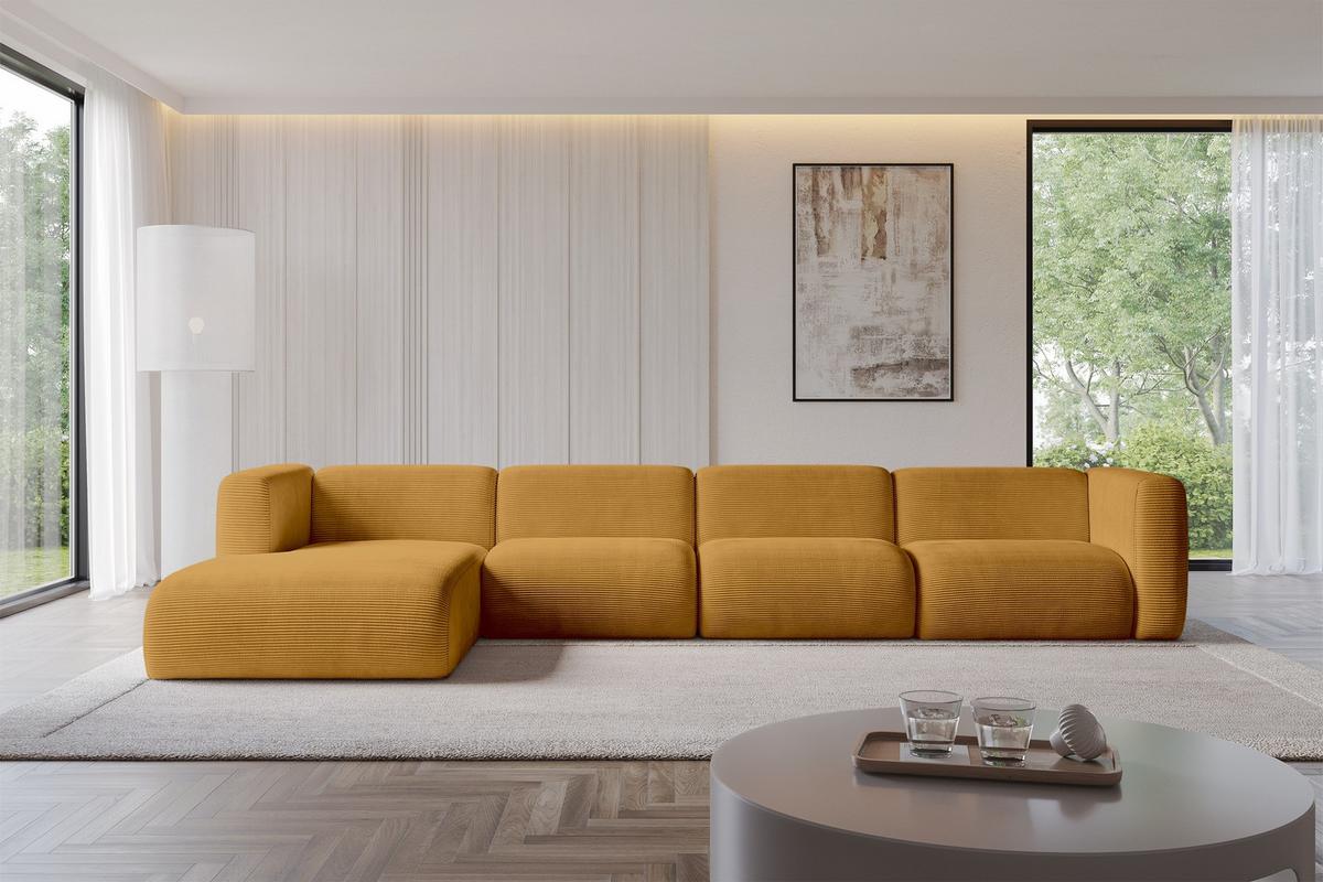 ECKSOFA Ottomane Links MIRA-L3 409x179x70 Senfgelb Cord - Currygelb/Schwarz, Holzwerkstoff/Kunststoff (409/179cm) - ALTDECOR