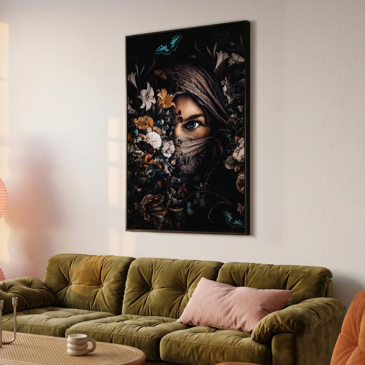 LEINWAND Bilder mit Rahmen - Frau - Luxus - Blumen - Schmetterling - Porträt - 100x150 - Schwarz, Textil (100/150cm) - MuchoWow