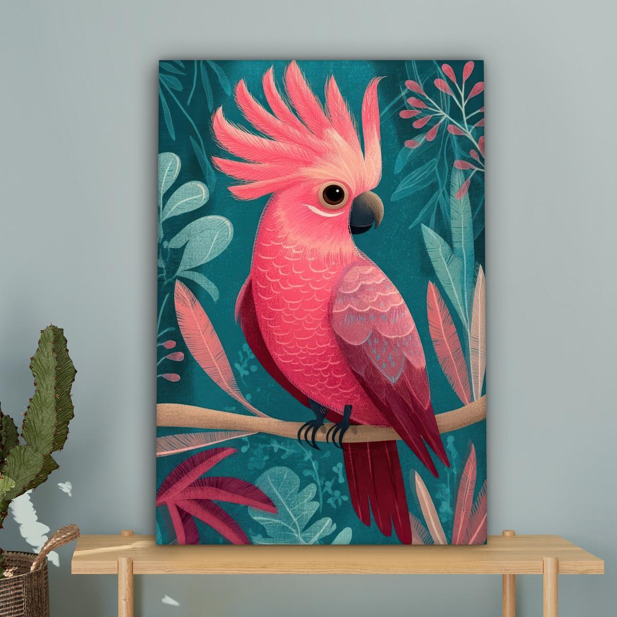 LEINWANDBILD Kakadu - Tropische Blätter - Zweig Wanddeko 40x60 cm - Petrol, Textil (40/60cm) - MuchoWow