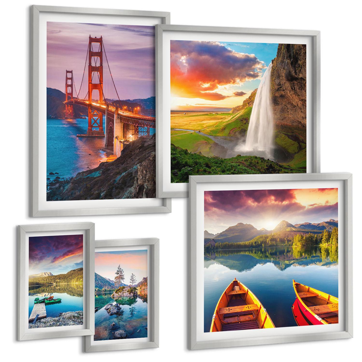 BILDER SET 5er Set - 50x50 cm & 20x30 cm & 40x60 cm Silberner Rahmen - Bergseen, Boote, Brücken - Silberfarben, Kunststoff (40/60cm) - TULUP