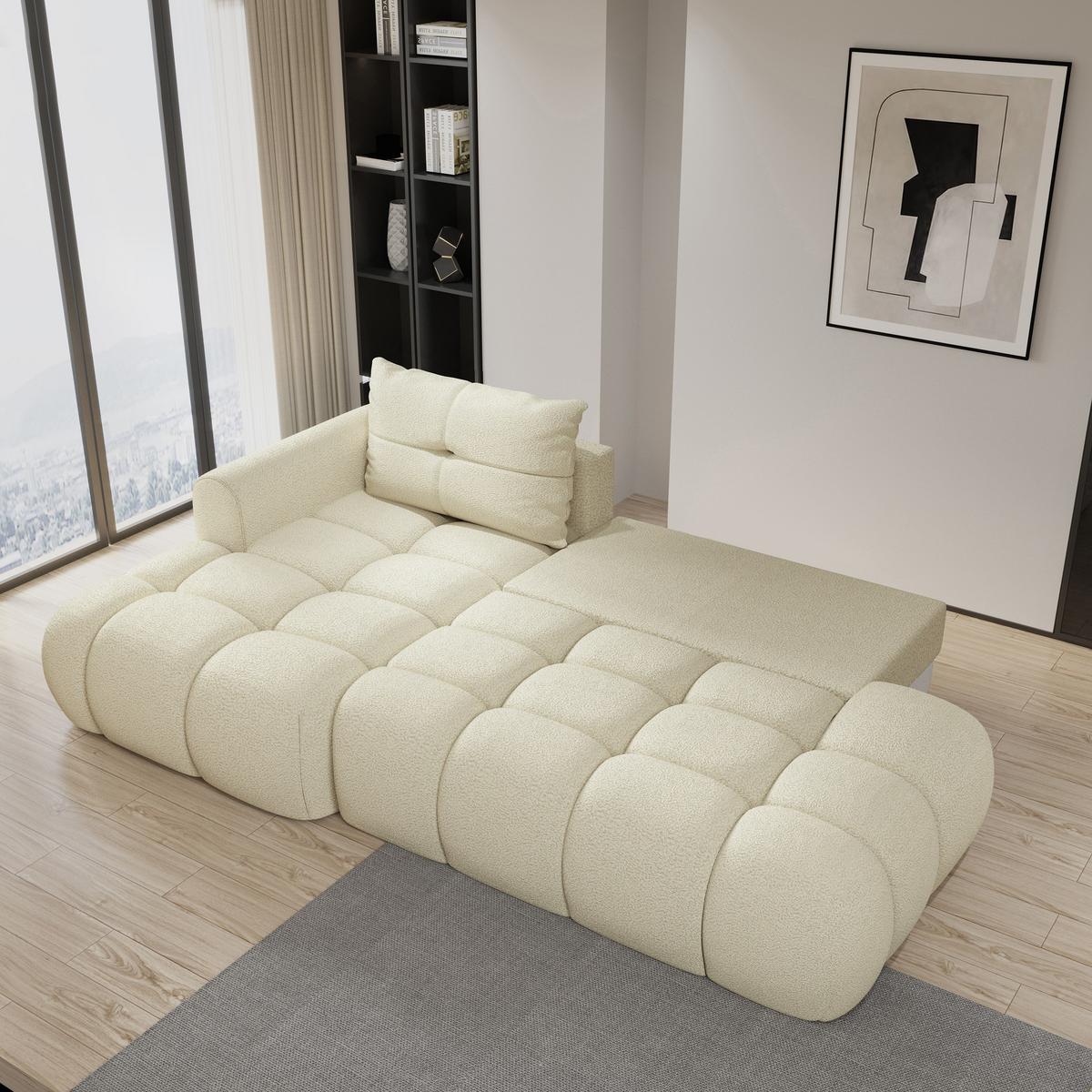 ECKSOFA FLUMA L-S Creme Boucle-Stoff mit Schlaffunktion - Creme, Holz (279/158cm) - MASSENO