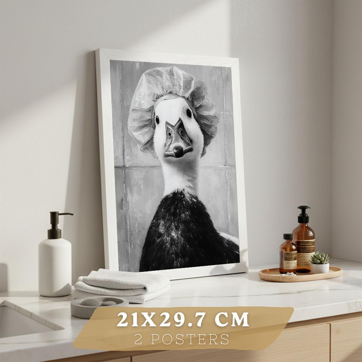 POSTER 2er-Set lustige Tiermotive in Schwarz-Weiß fürs Badezimmer, witzige für Toilette, Bad und Waschbecken, minimalistischer Stil Weißer Rahmen A4 - Weiß, Papier (29.7/21/3cm) - Nacnic