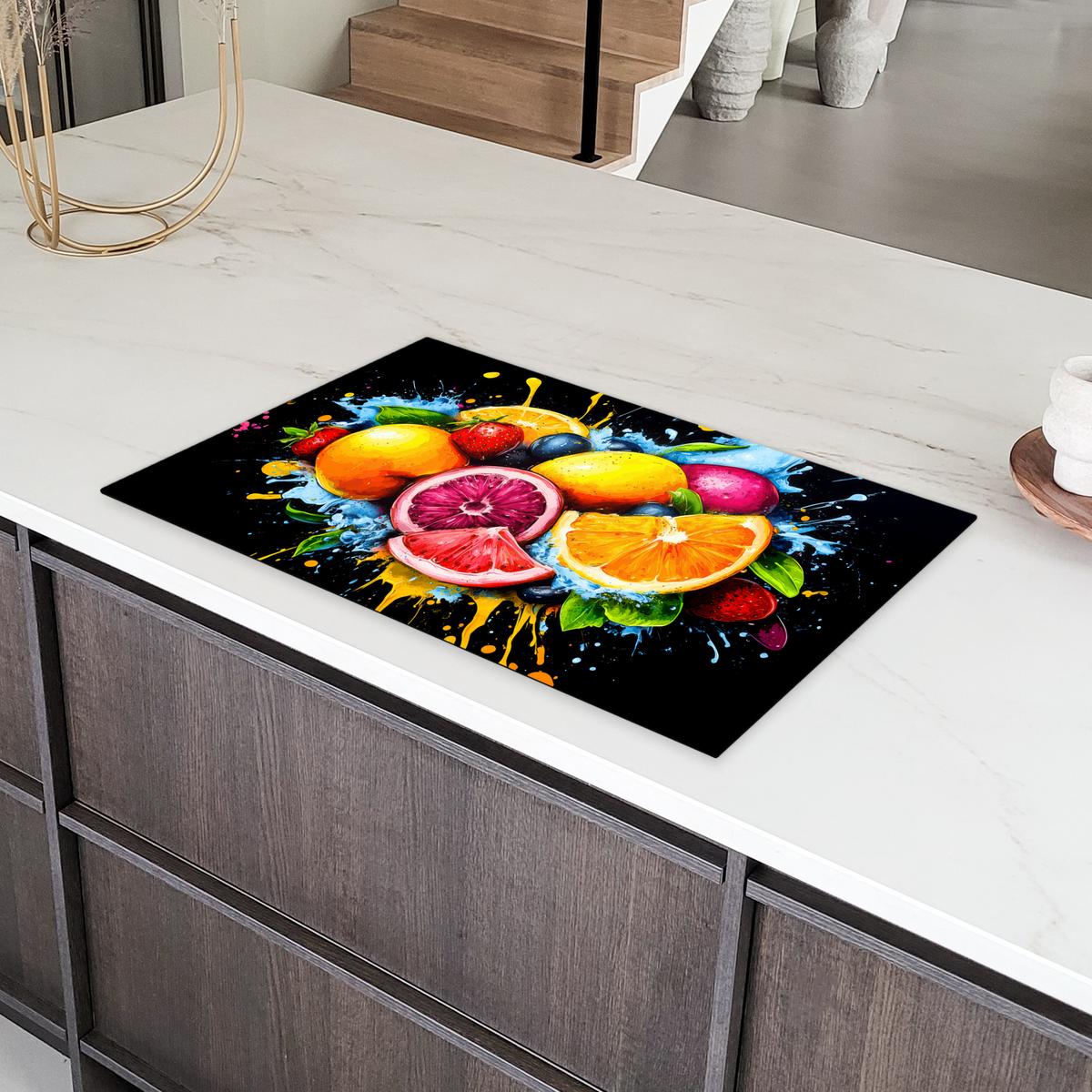 HERDABDECKPLATTE Obst - Graffiti - Bunt - Orange - Erdbeere - Abstrakt Ceranfeldabdeckung 85x52 cm - Orange, Kunststoff (85/52/0.2cm) - MuchoWow