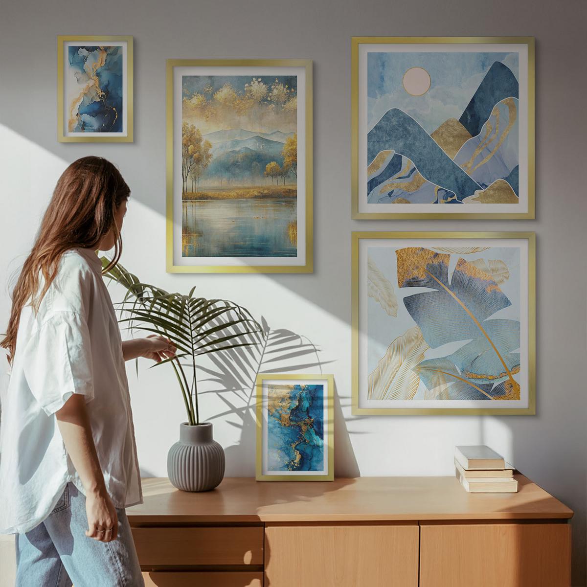 BILDER SET 5er Set - 50x50 cm & 20x30 cm & 40x60 cm Goldrahmen - Goldmuster in den blauen Bergen - Goldfarben, Kunststoff (40/60cm) - TULUP