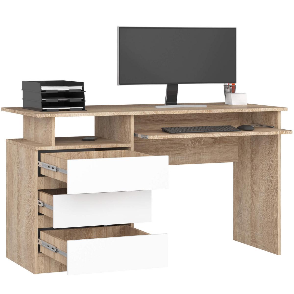 SCHREIBTISCH Eiche Sonoma, Weiß 77/135/60 - Weiß, Holzwerkstoff (150/92/77cm) - RAUMHIRSCH FURNITURE