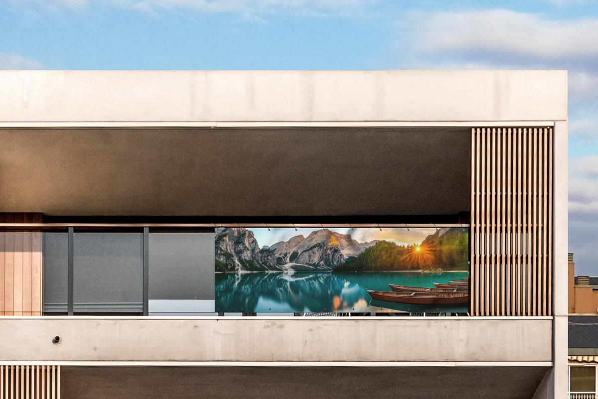 BALKON-SICHTSCHUTZ See - Berge - Sonnenuntergang - Boot Windschutz 300x90 cm - Petrol, Kunststoff (300/90cm) - MuchoWow
