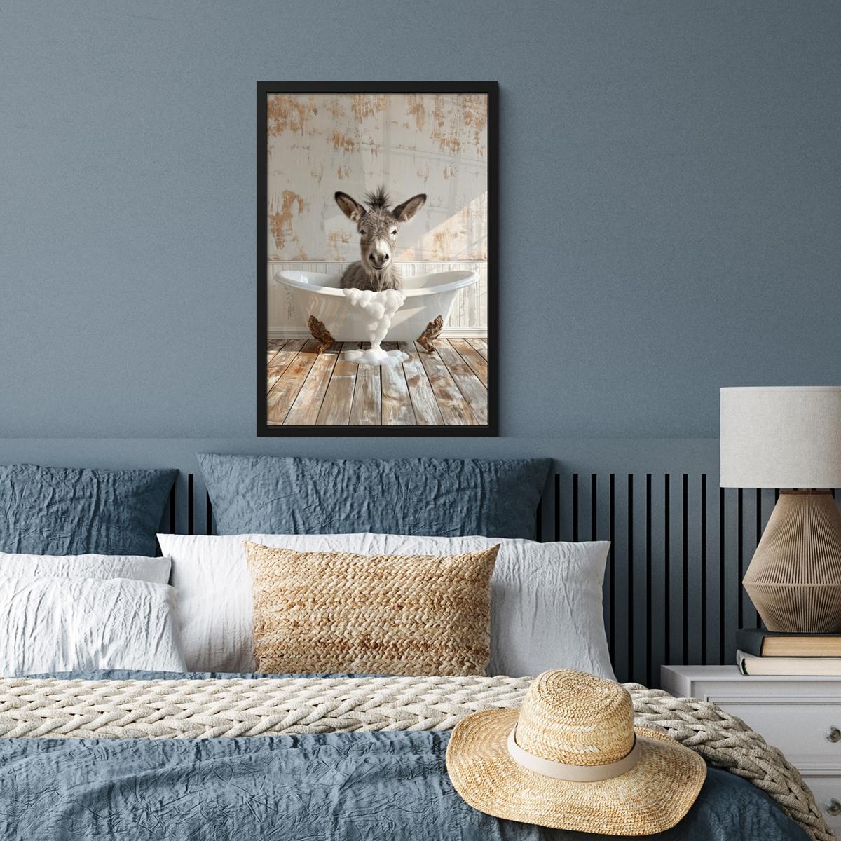 POSTER MIT RAHMEN Esel - Tiere - Badewanne - Schaumstoff Bilder mit Rahmen 40x60 cm - Weiß, Papier (40/60cm) - MuchoWow