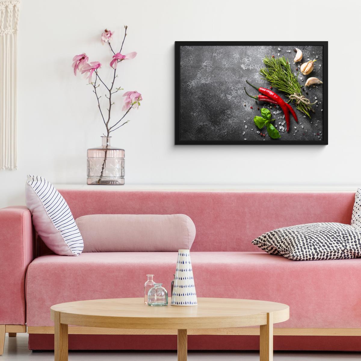 POSTER MIT RAHMENGERAHMTES BILD Pfeffer - Kräuter - Gewürze - Beton 60x40 cm - Dunkelgrau, Papier (60/40cm) - MuchoWow