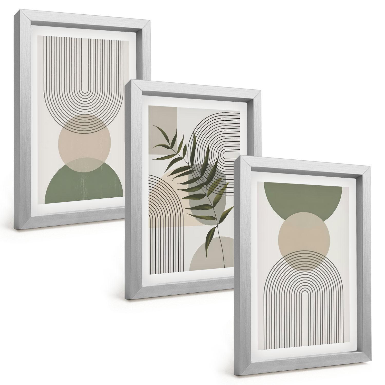 BILDER SET 3er Set - 20x30 cm Silberner Rahmen - Abstrakte Formen mit Grün - Silberfarben, Kunststoff (20/30cm) - TULUP