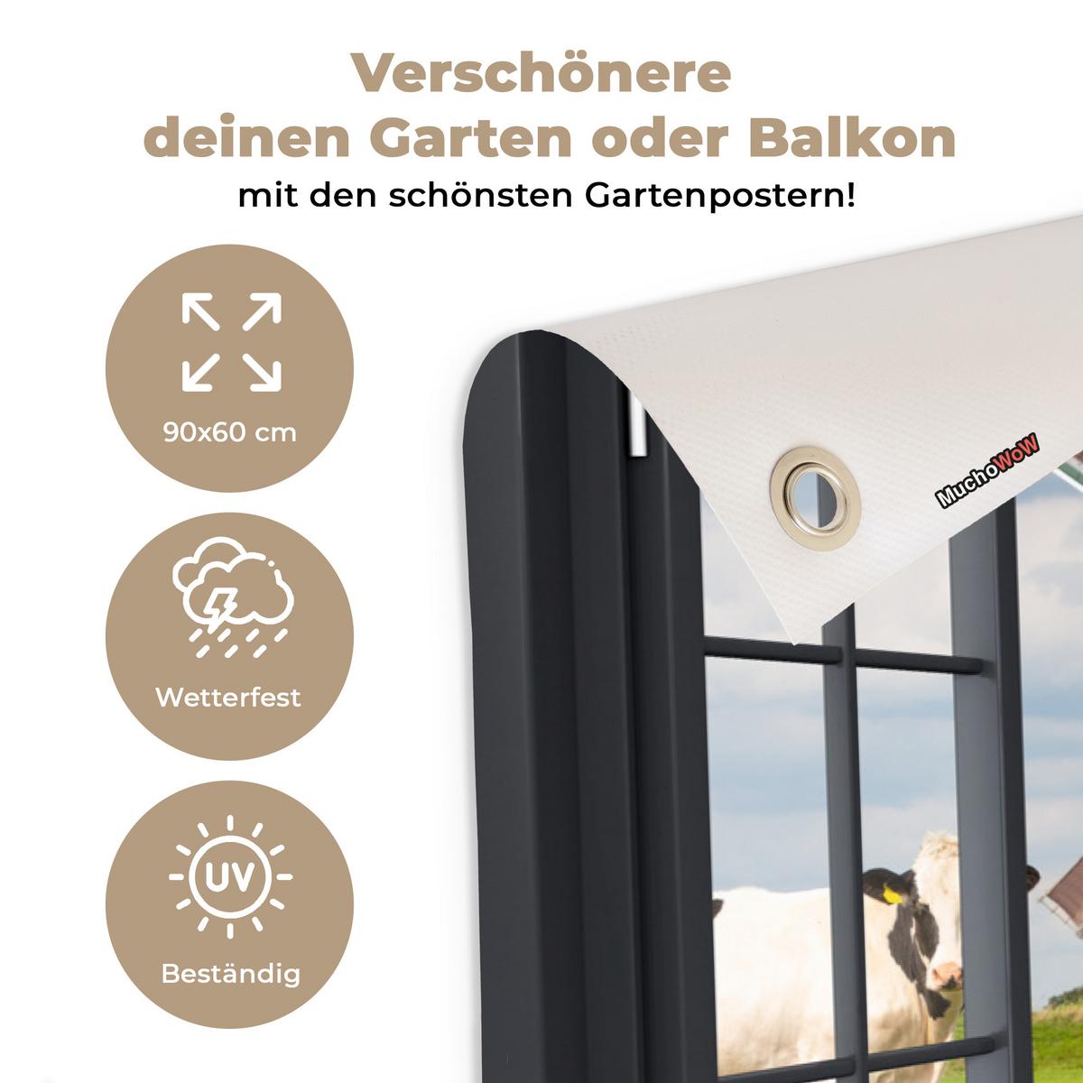 GARTENPOSTER Aussicht - Kuh - Mühle - Kühe - Wiese - Gras - Grün Gartendeko 90x60 cm - Anthrazit, Kunststoff (90/60/0.2cm) - OnlyWow