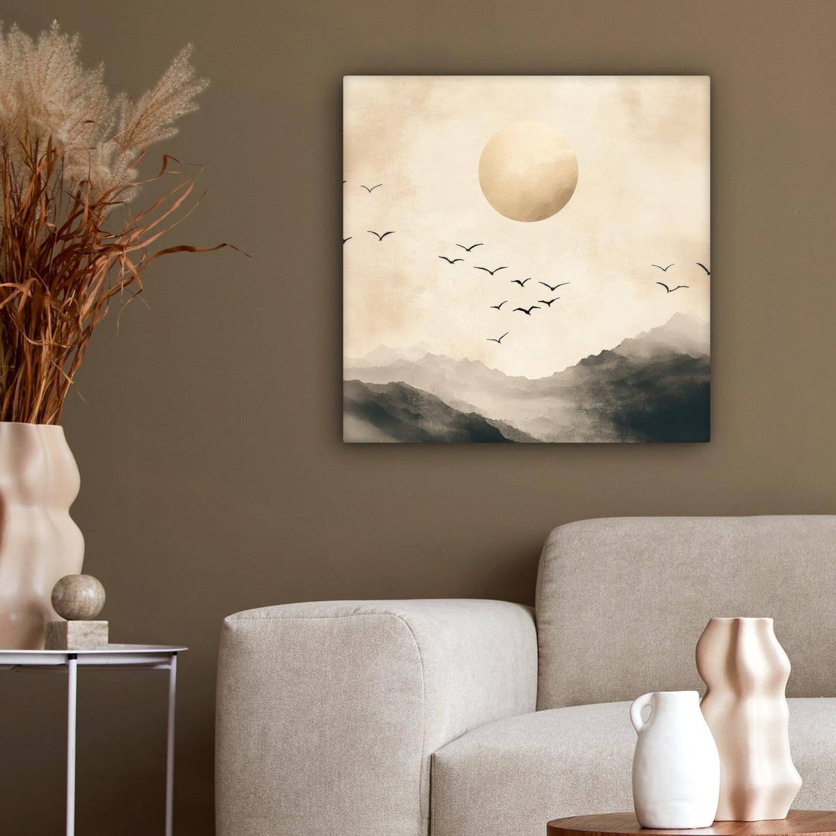 LEINWANDBILD Landschaft - Japandi - Vogel Wandbild Wohnzimmer 50x50 cm - Beige, Textil (50/50cm) - MuchoWow