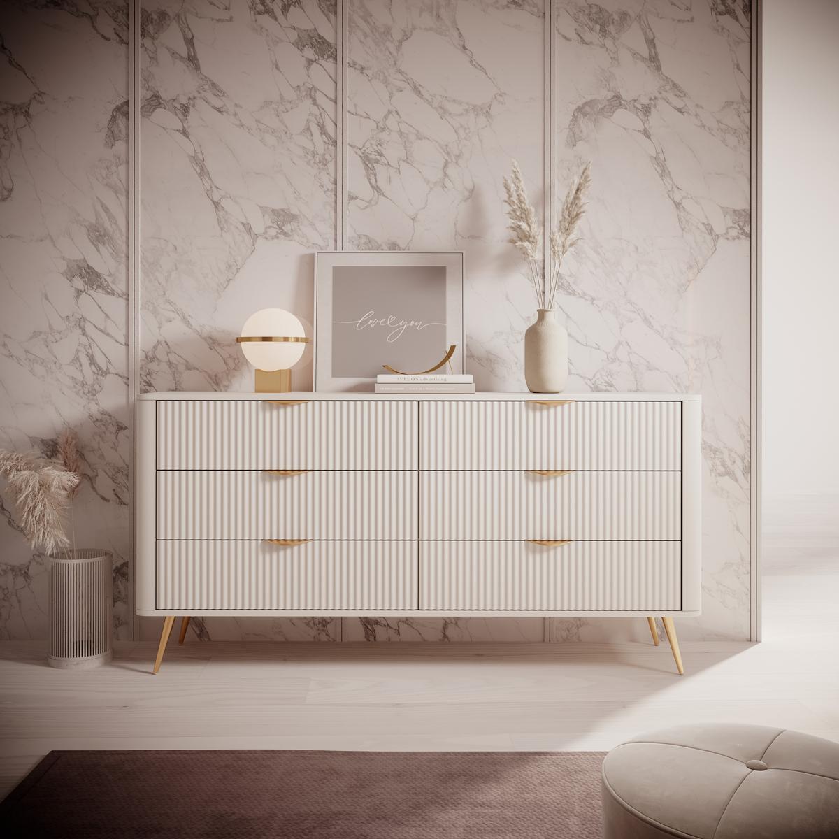SIDEBOARD Vespasia 6S Beige 163,2/81,2/38 cm – Geriffelten Fronten - Beige/Goldfarben, Holzwerkstoff/Metall (163/81.2/38cm) - AX Living