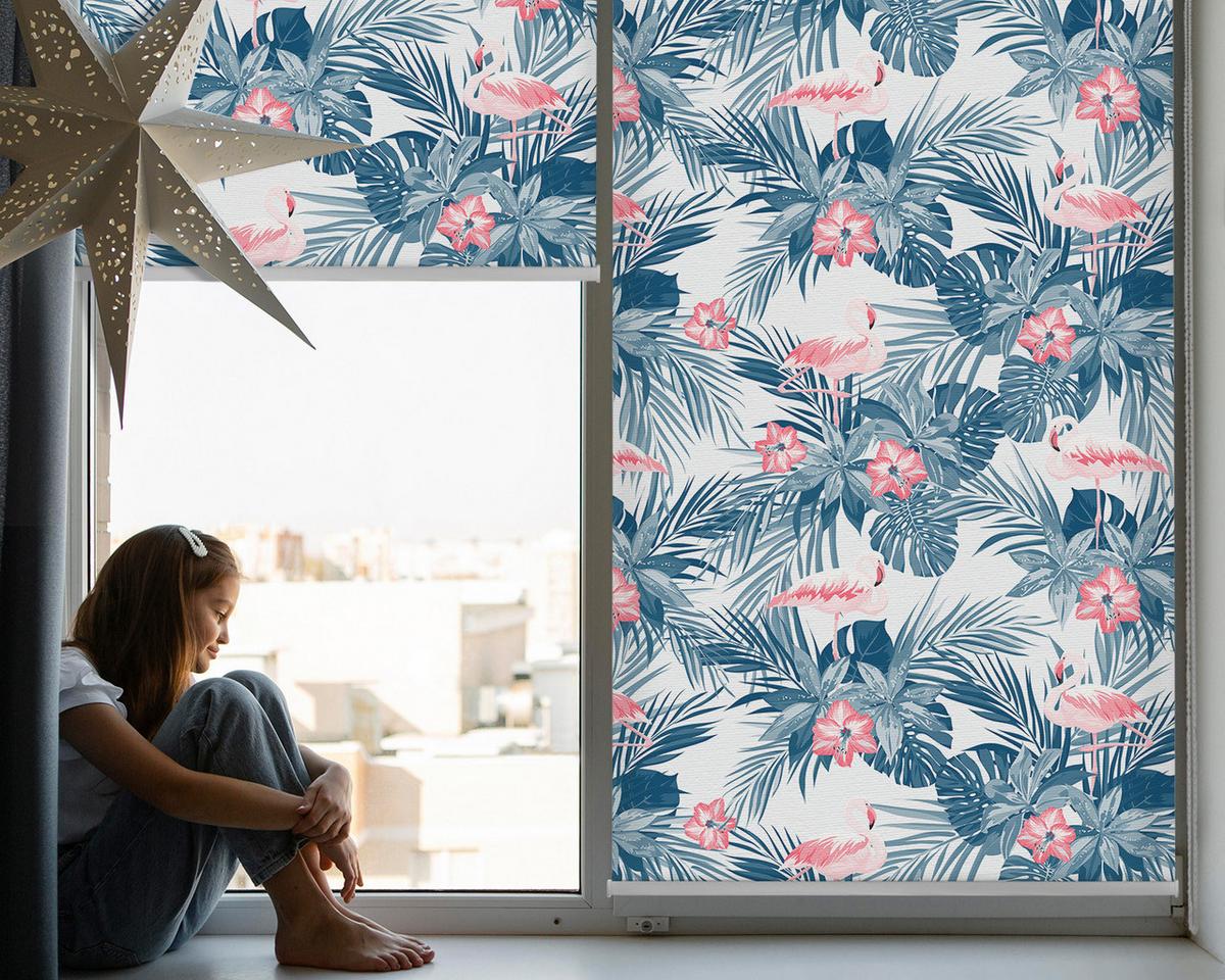 INNENROLLO - Fensterrollo - Rollo - 150x180 cm - Tropische Pflanzen und Flamingos - Blau, Kunststoff (150/180/0.5cm) - TULUP