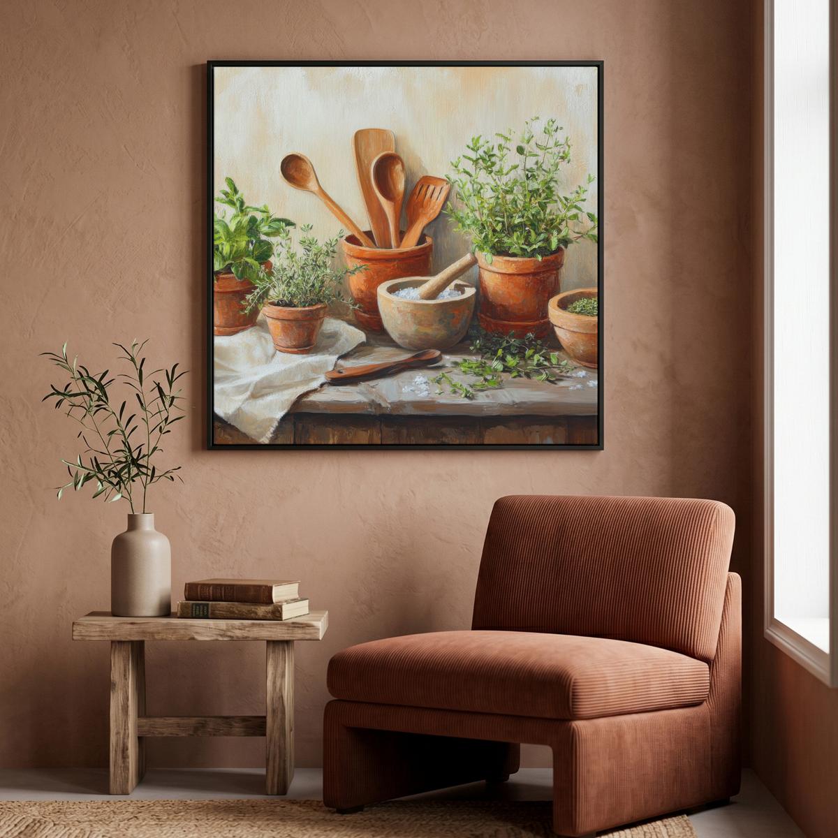 LEINWAND Bilder mit Rahmen - Töpfe - Kräuter - Holz - 90x90 - Terracotta, Textil (90/90cm) - MuchoWow