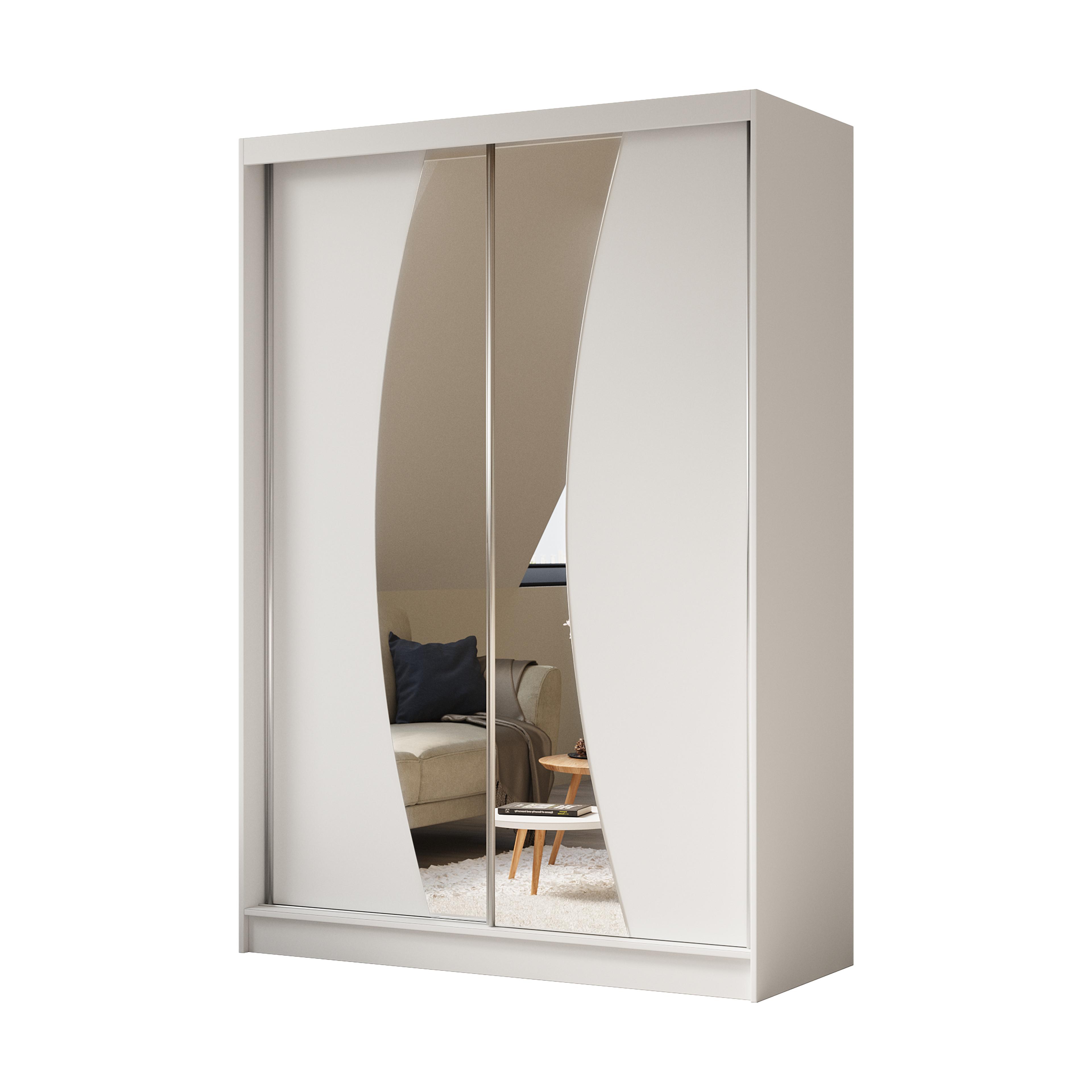KLEIDERSCHRANK mit Spiegel-Schiebetüren und Aluminium-Leisten, LED-Beleuchtung - VOXI - 150 cm Weiß - Weiß, Holzwerkstoff (150/216/61cm) - ALTDECOR