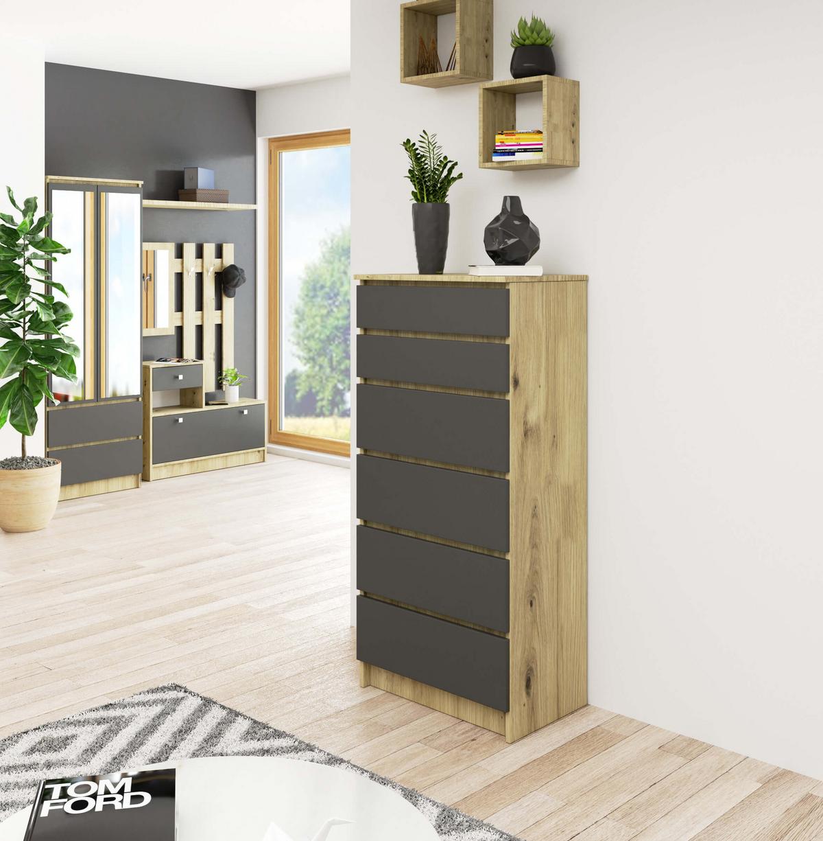 KOMMODE Eiche Artisan, Graphit Grau 130/60/40 - Eiche Artisan, Holzwerkstoff (60/130/40cm) - RAUMHIRSCH FURNITURE