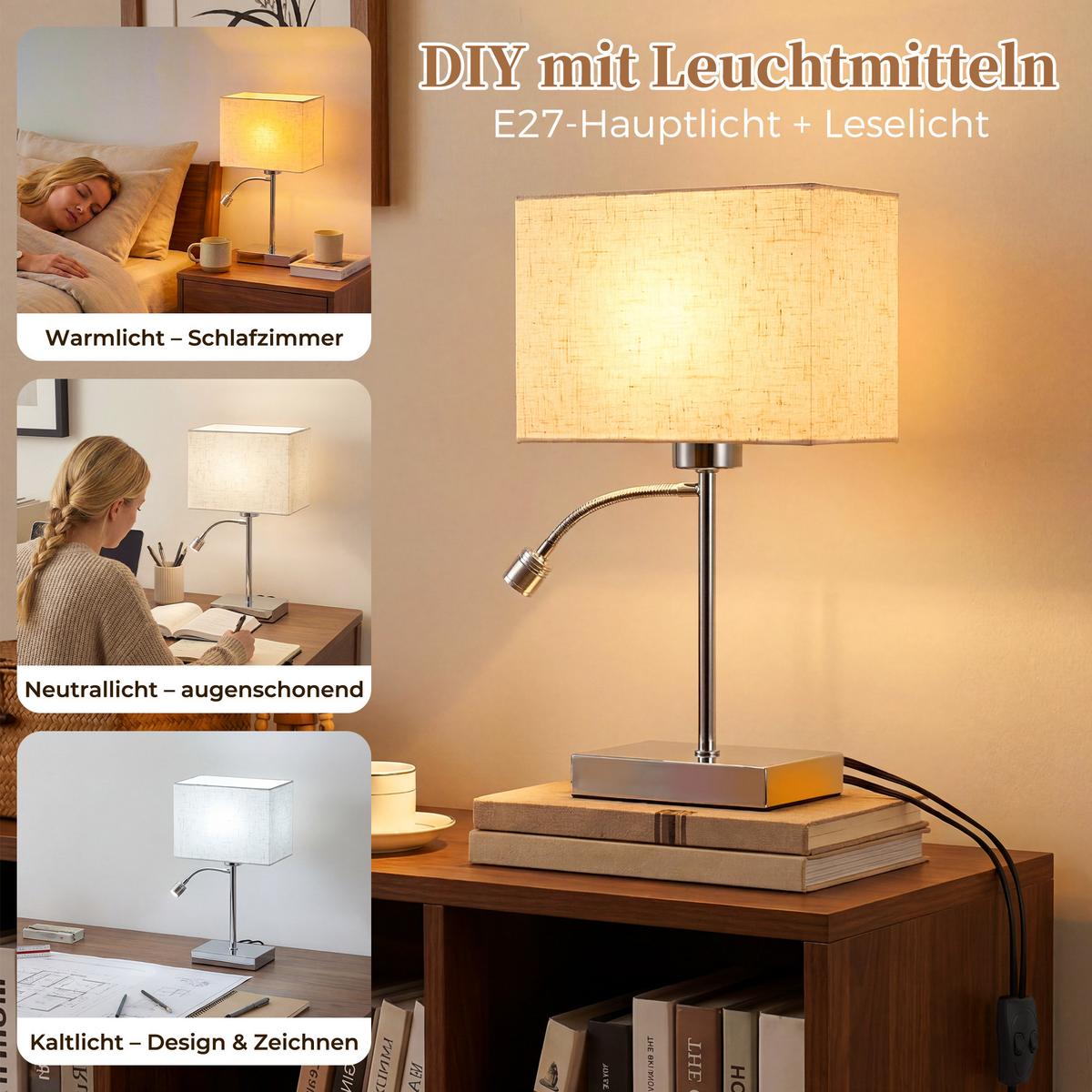 TISCHLAMPE Xylox 15/10/38 cm - Chromfarben/Braun, Textil/Metall (15/10/38cm) - ZMH