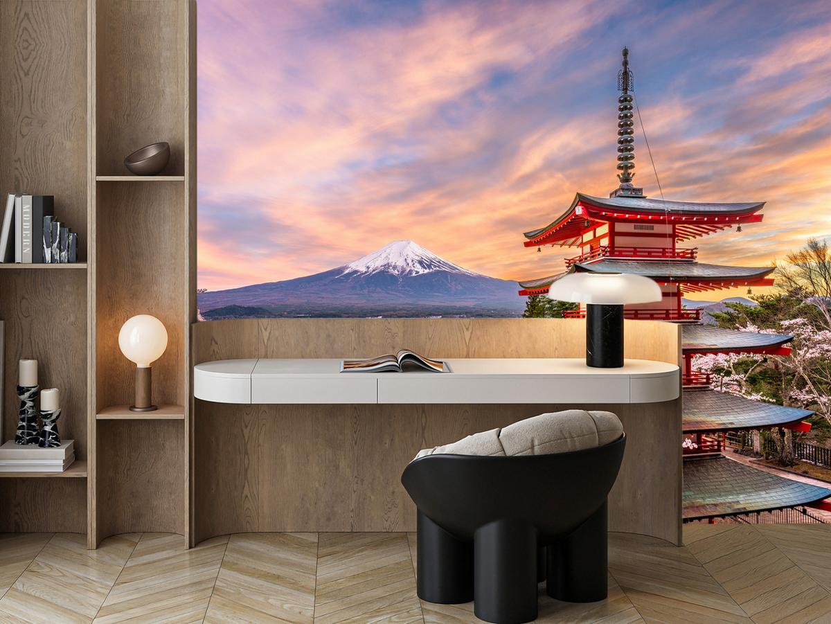 FOTOTAPETE für Wohnzimmer Japanische Pagode Frühling Sonnenuntergang 300x210 - Rot/Violett, Papier (300/210cm) - Muralo