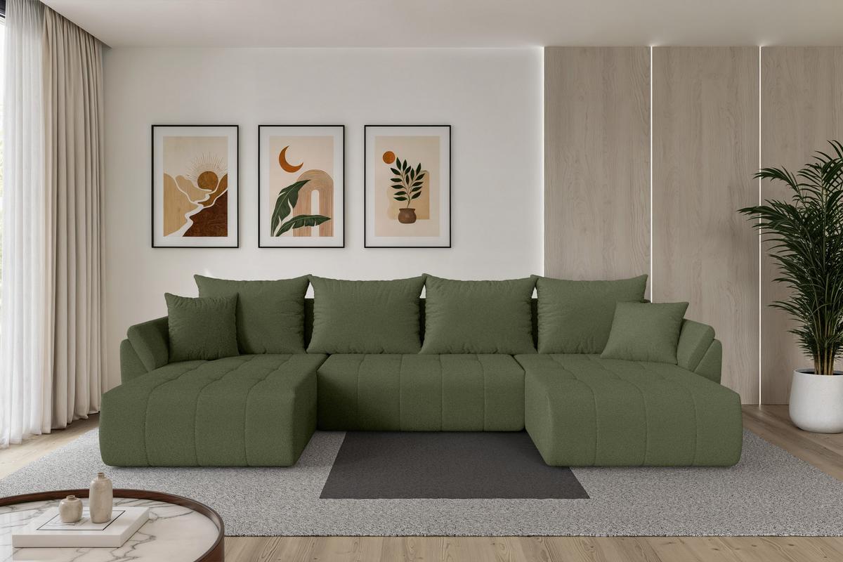 WOHNLANDSCHAFT mit Schlaffunktion und Bettkasten TOKO-U 378x194x86 Grün Bouclé - Schwarz/Olivgrün, Holzwerkstoff/Kunststoff (378/86/194cm) - ALTDECOR