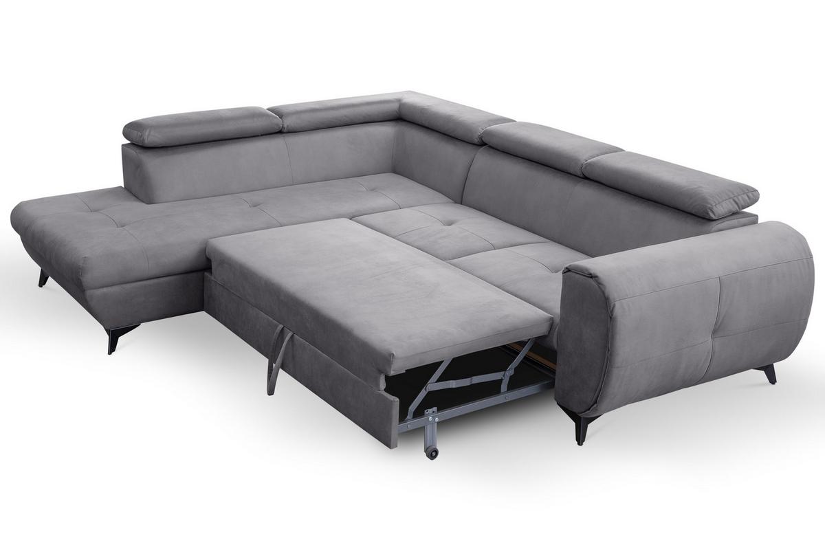 ECKSOFA MAGIA L-S Grau Plüsch-Stoff mit Schlaffunktion - Grau, Holz (260/217cm) - MASSENO