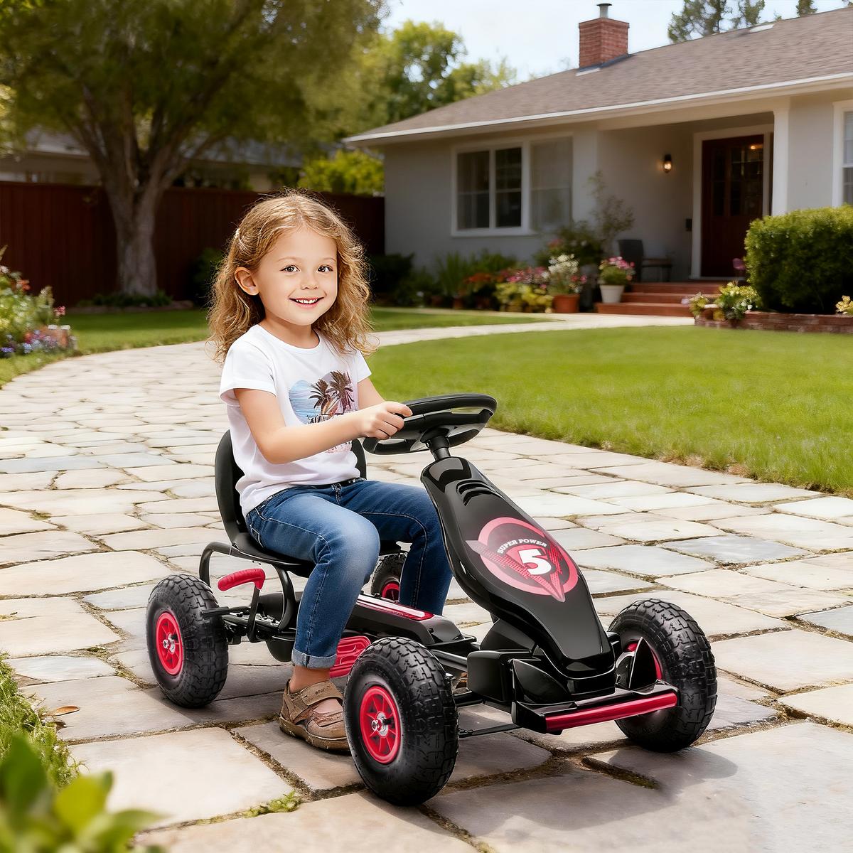 GOKART, Kinderfahrzeug mit verstellbarem Schalensitz, Tretauto, Rot+Schwarz - Rot, Metall (121/58/61cm) - HOMCOM
