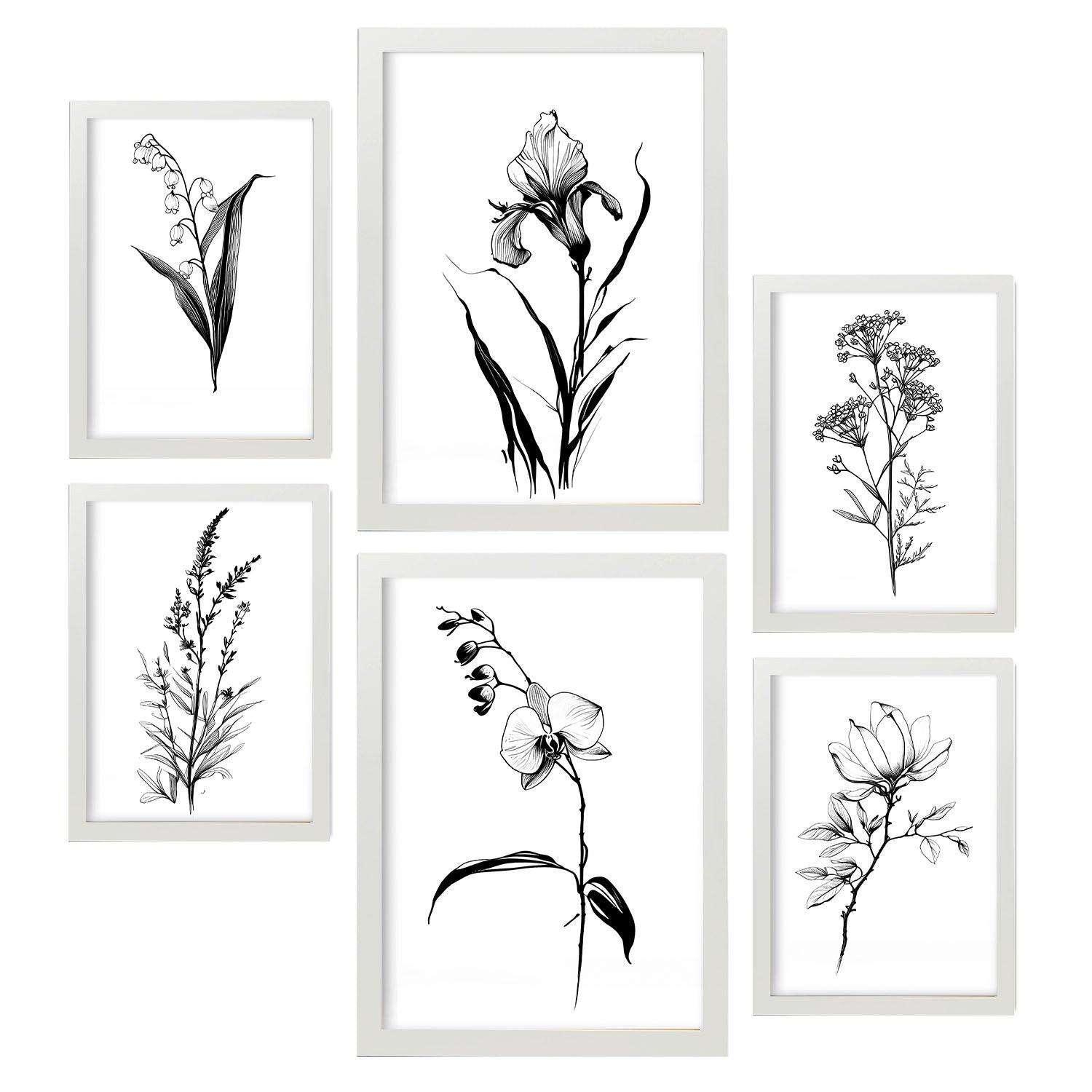 POSTER Set Mit 6 Zarte Blumen Natur Und Botanikdrucke Mit Blumenmotiven In Klassischem Schwarz Und Weiß Innenarchitektur A3 & A4 Weißer Rahmen - Weiß, Papier (29/3cm) - Nacnic