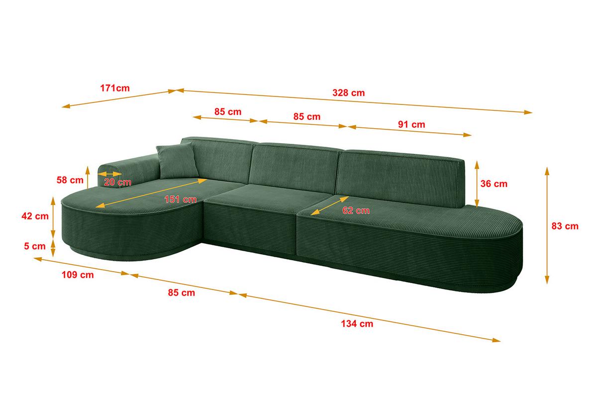 ECKSOFA Ottomane Links MARI-L2-v3 - 328x171x83 cm Grün Cord - Schwarz/Grün, Holzwerkstoff/Kunststoff (328/171cm) - ALTDECOR