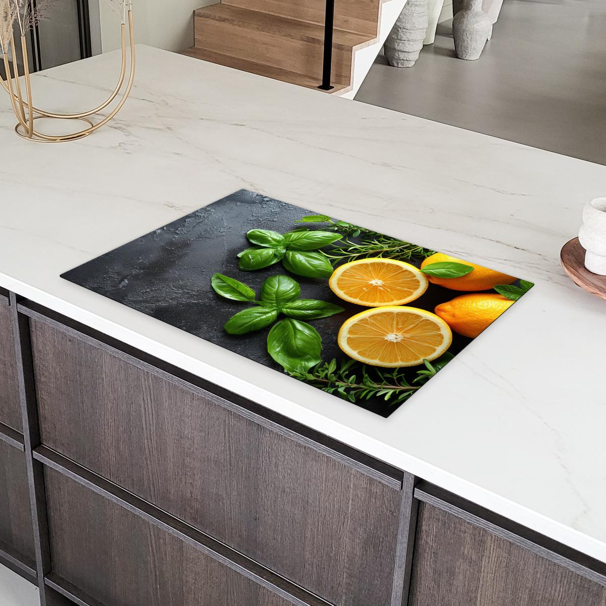 HERDABDECKPLATTE Obst - Grau - Konkret - Orange - Pflanzen Induktionsmatte 81x52 cm - Anthrazit, Kunststoff (81/52/0.2cm) - MuchoWow