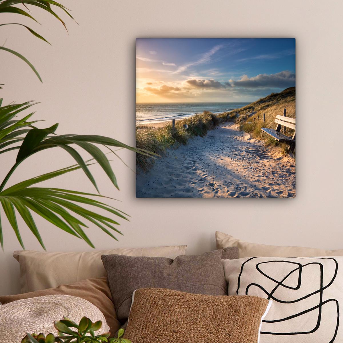 LEINWANDBILD Sonnenuntergang - Strand - Düne - Gras - Ufer Wandbild Wohnzimmer 50x50 cm - Sandfarben, Textil (50/50cm) - MuchoWow