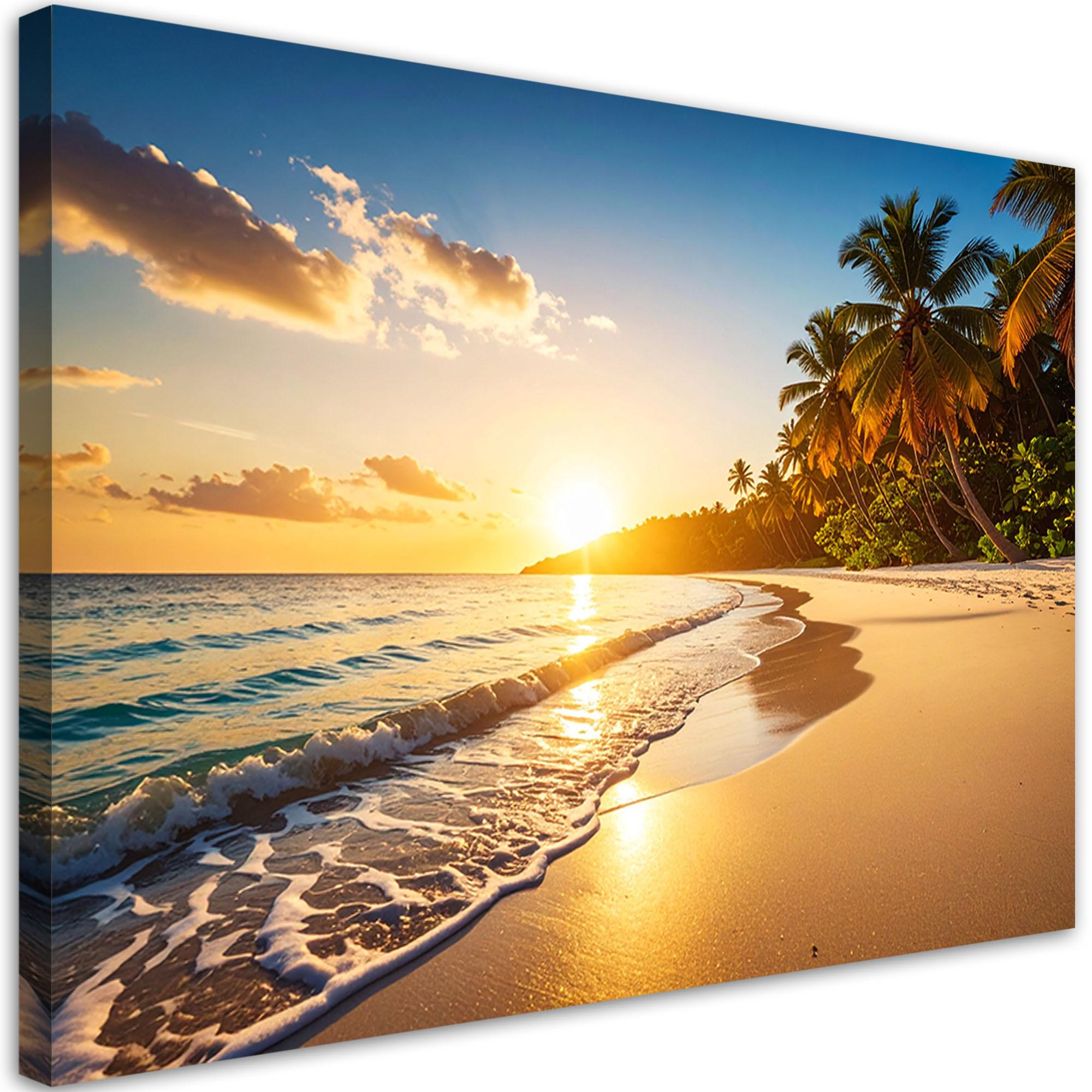LEINWANDBILD Sonnenuntergang Strand Meer 90x60cm - Orange, Textil (90/60cm) - Feeby