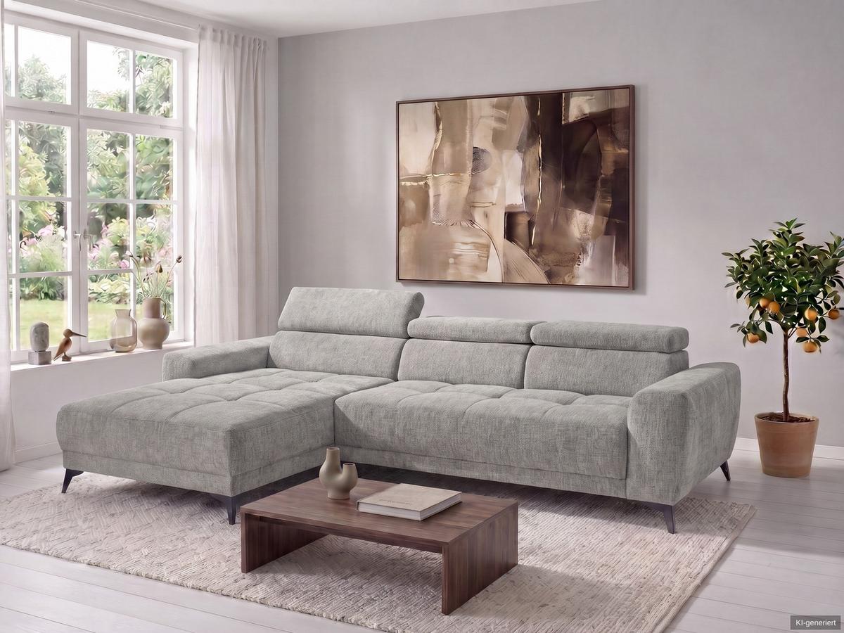ECKSOFA mit elektrischer Sitztiefenverstellung, Kopflehnen verstellbar, USB-A und USB-C Ladefunktion B299/T200/H107 cm, Chenille Hellgrau / 15420 - Hellgrau/Schwarz, Holzwerkstoff/Textil (299/200cm) - luma-home