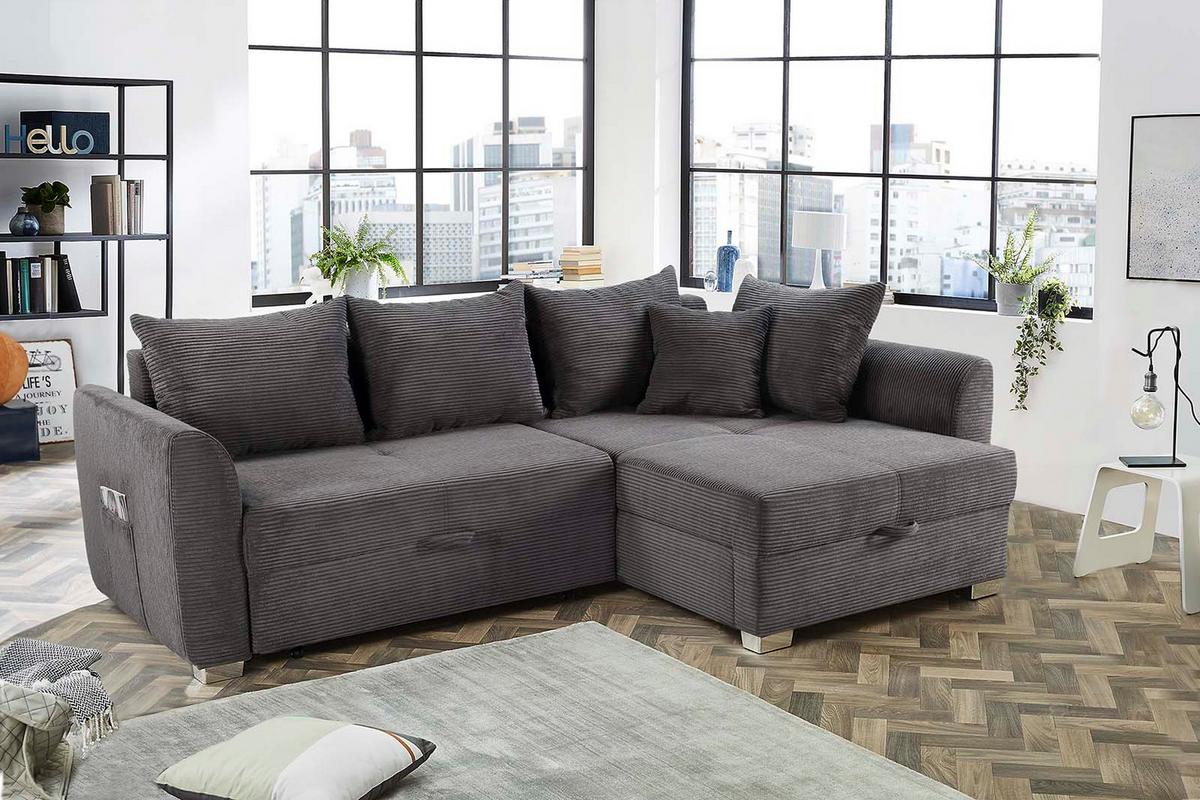 ECKSOFA mit Schlaffunktion und Bettkasten, seitenverkehrt montierbar B236/T160/H81 cm, Liegefl. 142x202 cm, Cord Dunkelgrau / 15202 - Chromfarben/Dunkelgrau, Kunststoff/Textil (236/160cm) - luma-home