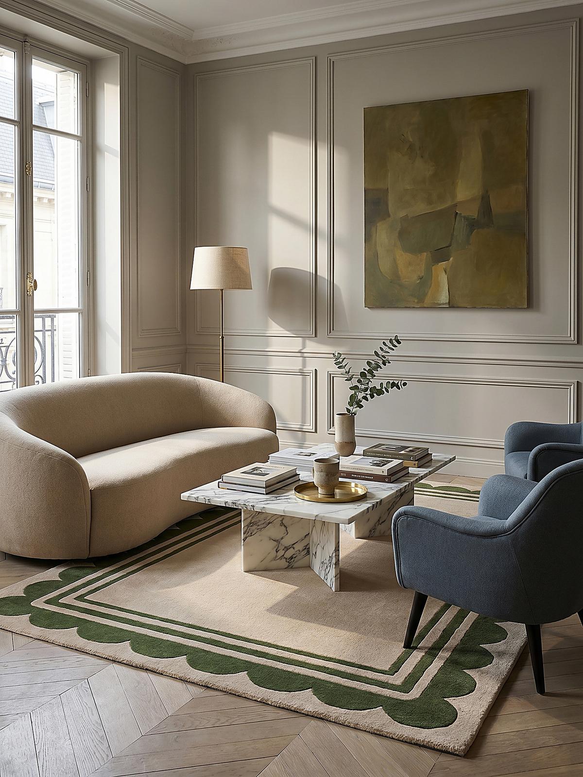 WOLLTEPPICH WENSUM, mit grafischem Muster mit Rahmen, Grün-Beige, 120 x 170 cm - Grün, Textil (170/120cm) - KADIMA DESIGN