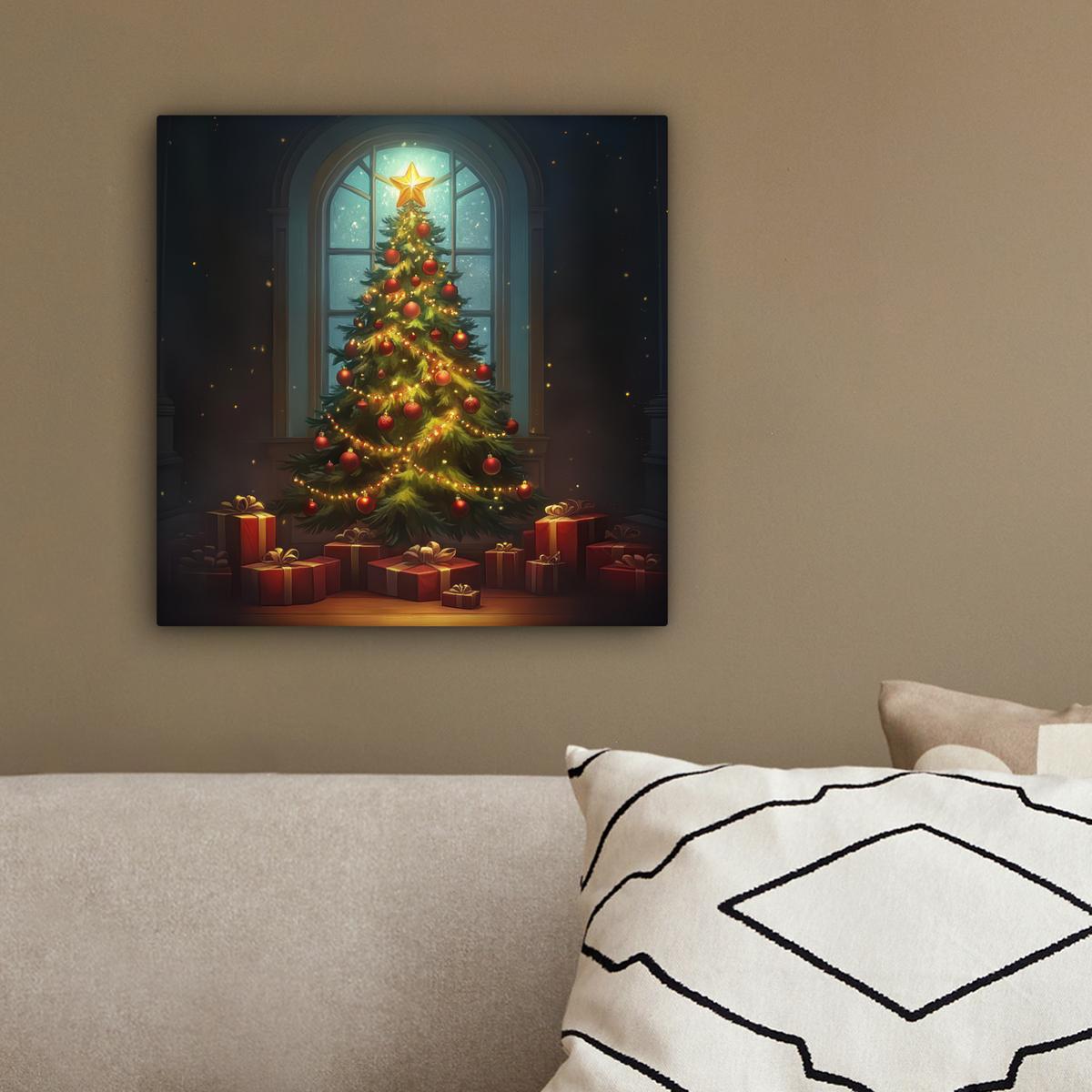 LEINWANDBILD Weihnachtsbaum - Geschenk - Winter Deko Wohnzimmer 20x20 cm - Grün, Textil (20/20cm) - MuchoWow