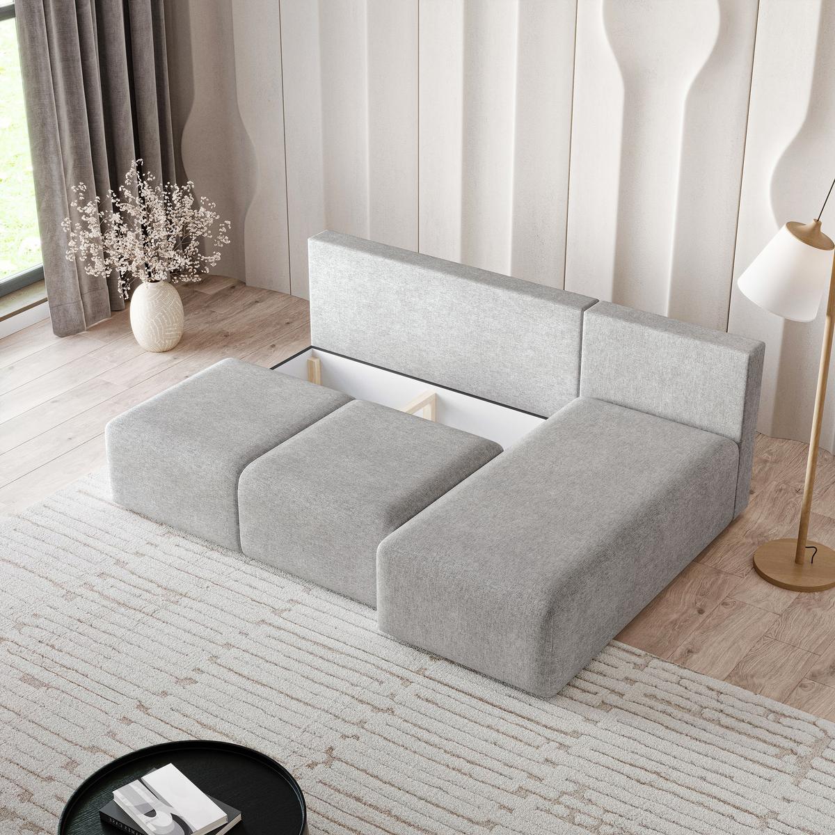 ECKSOFA TRAMA Hellgrau Geflochtener Stoff mit Schlaffunktion - Hellgrau, Holz (200/143cm) - MASSENO