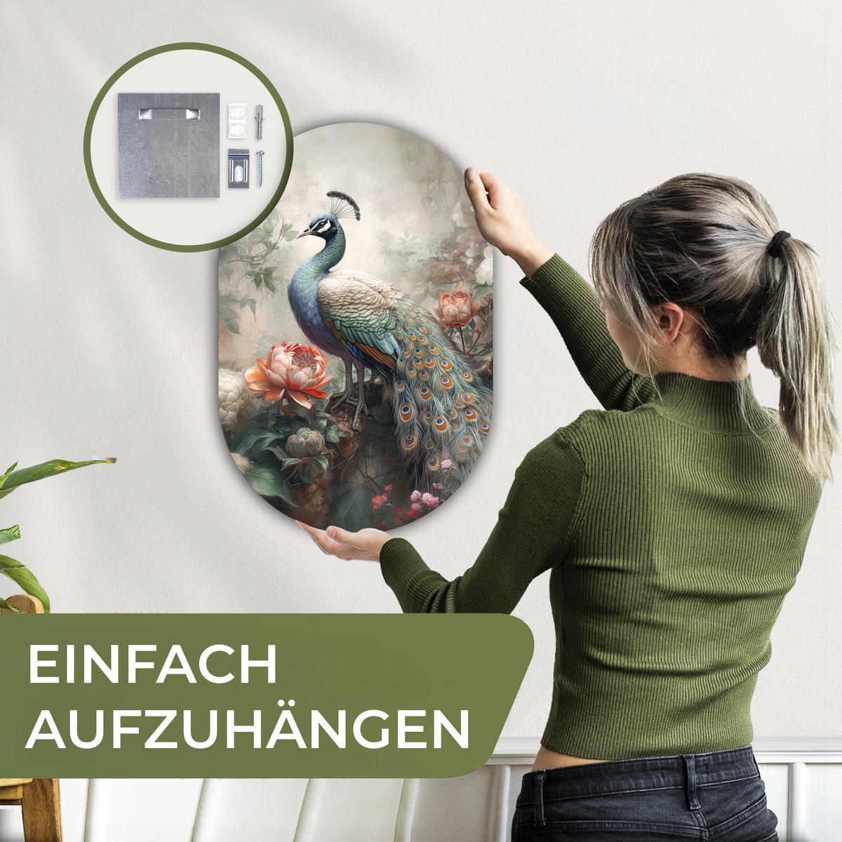 WANDBILD Pfau - Pfauenfedern - Vogel - Dschungel - Blumen Deko Wohnzimmer 40x60 cm - Smaragdgrün, Kunststoff (40/60cm) - MuchoWow