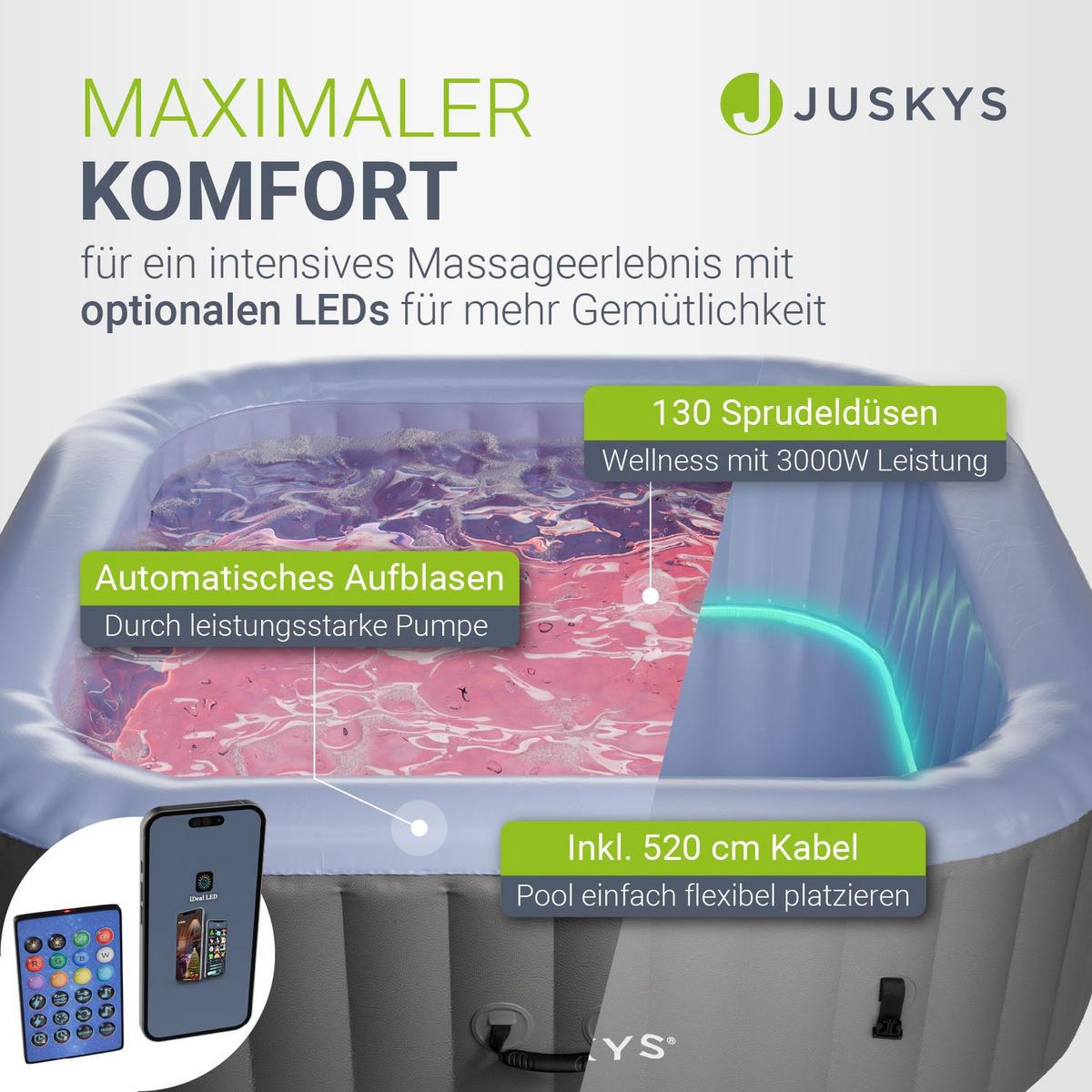 WHIRLPOOL SpaLuxe LED 185x185x65 cm grau/blau - Grau, Kunststoff (185/65/185cm) - Juskys