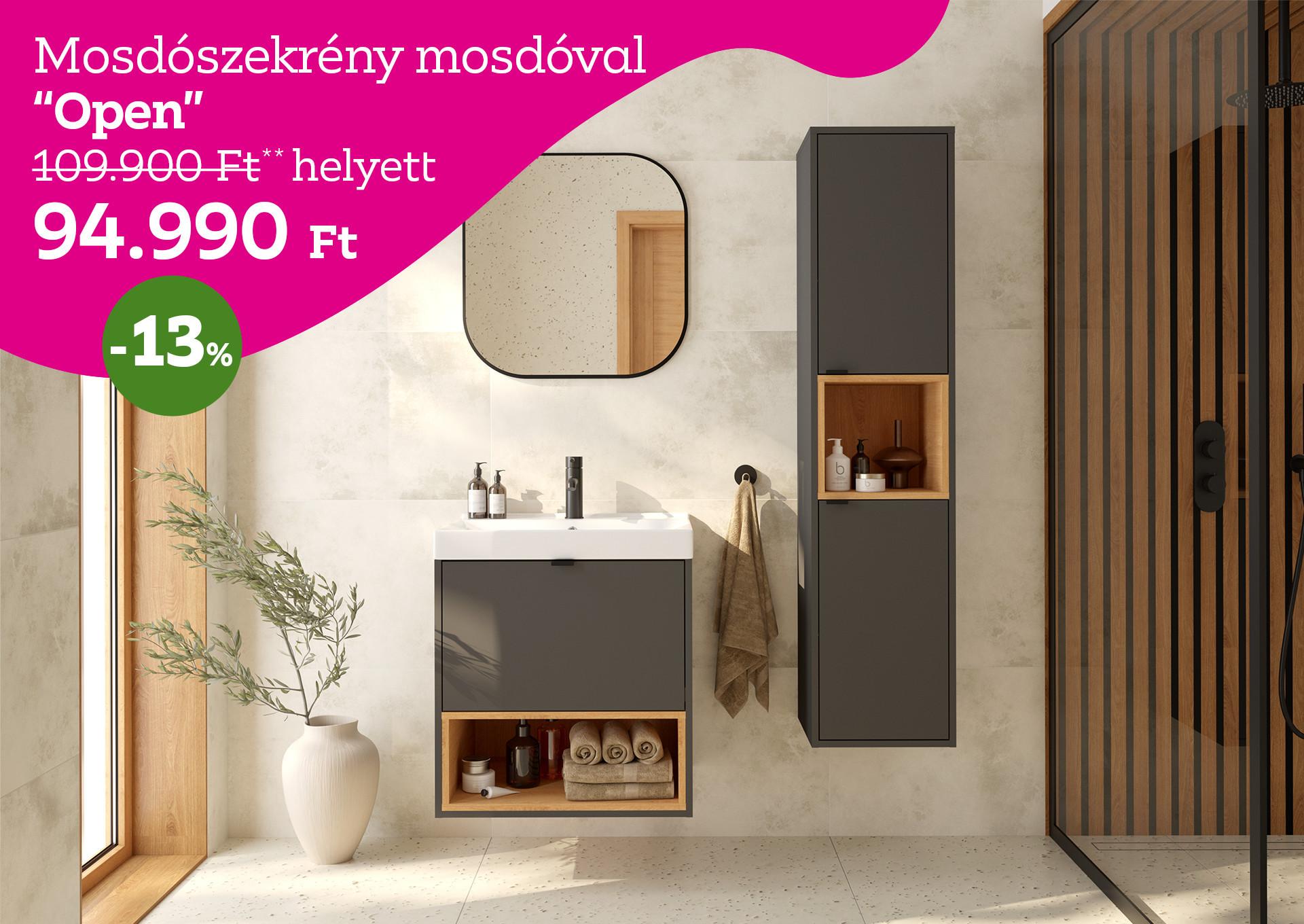 Mosdószekrény mosdóval Open 109900 Forint helyett 94990 Forint kedvezmény mértéke 13%